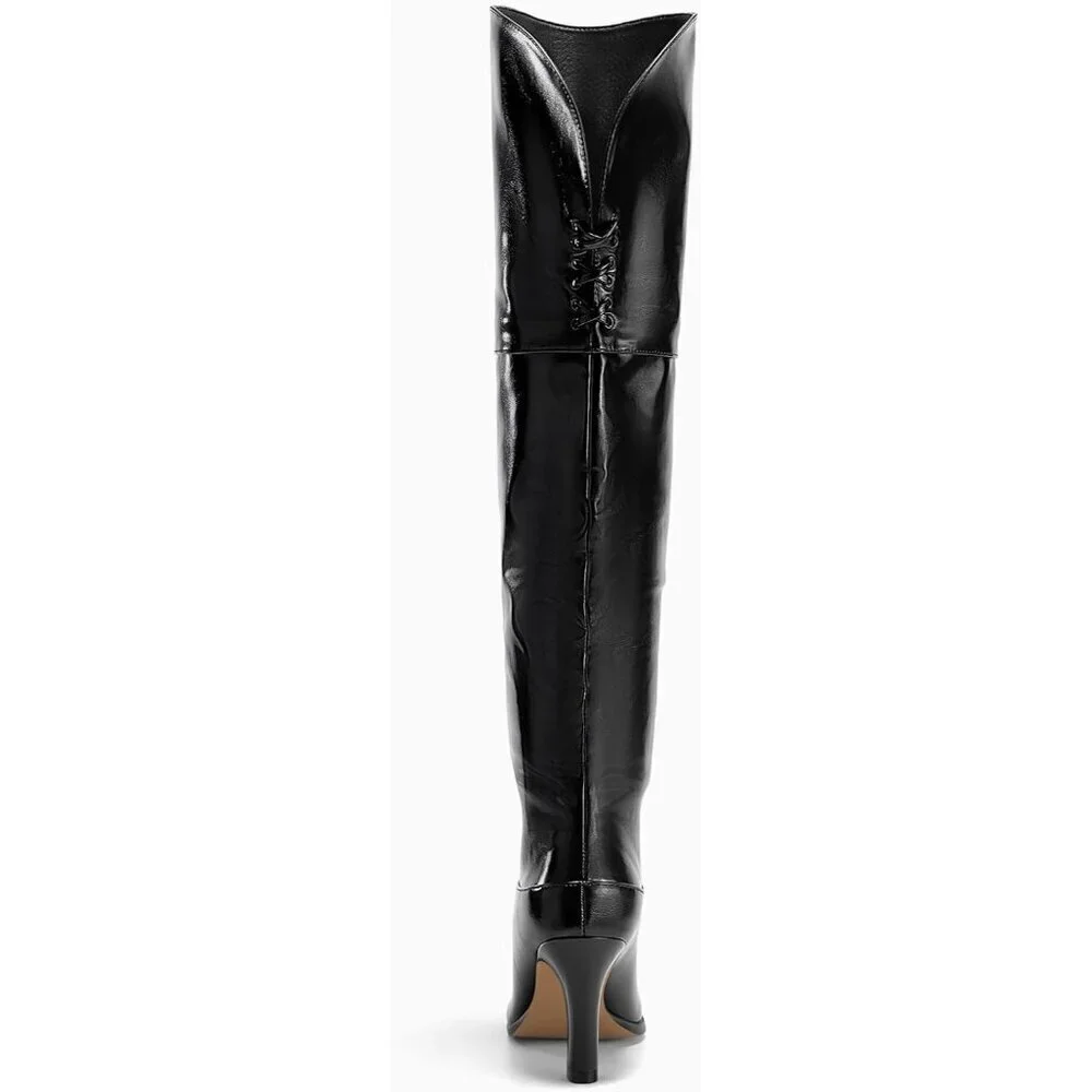 🆕Womens Black Synthetic Thigh High Pointed Toe Chunky Heel Over the Knee Boots